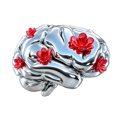 Illustration chromée d'un cerveau fleuri