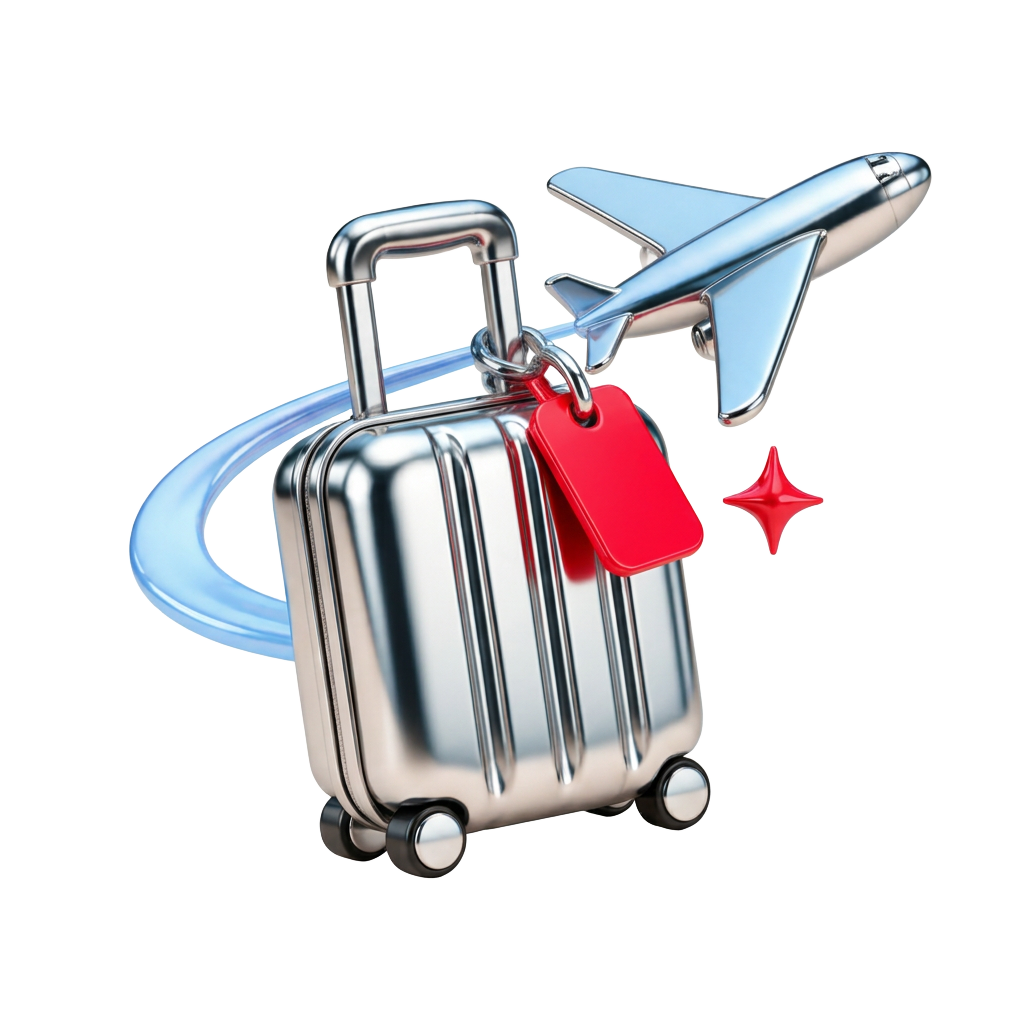 Illustration chromée d'une valise et d'un avion