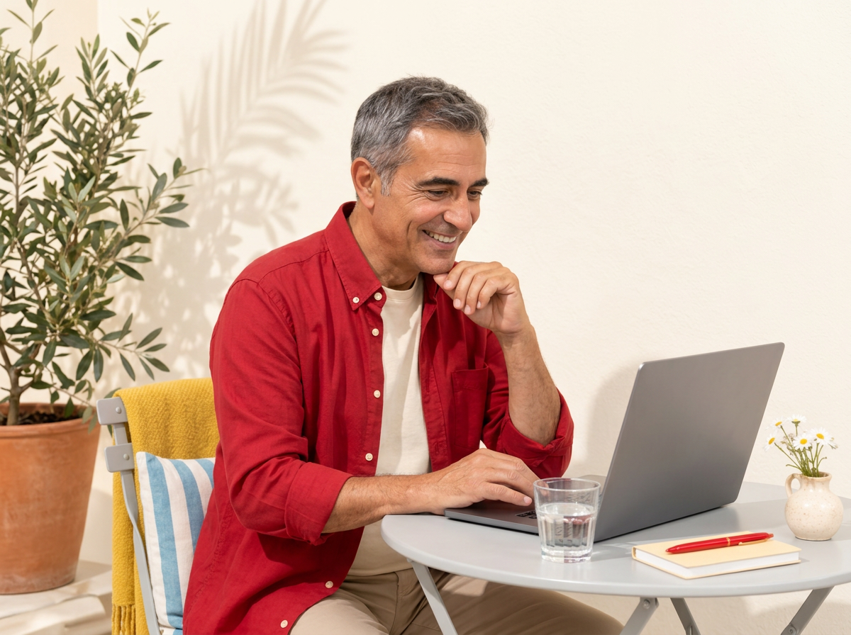 Homme souriant en téléconsultation depuis chez lui